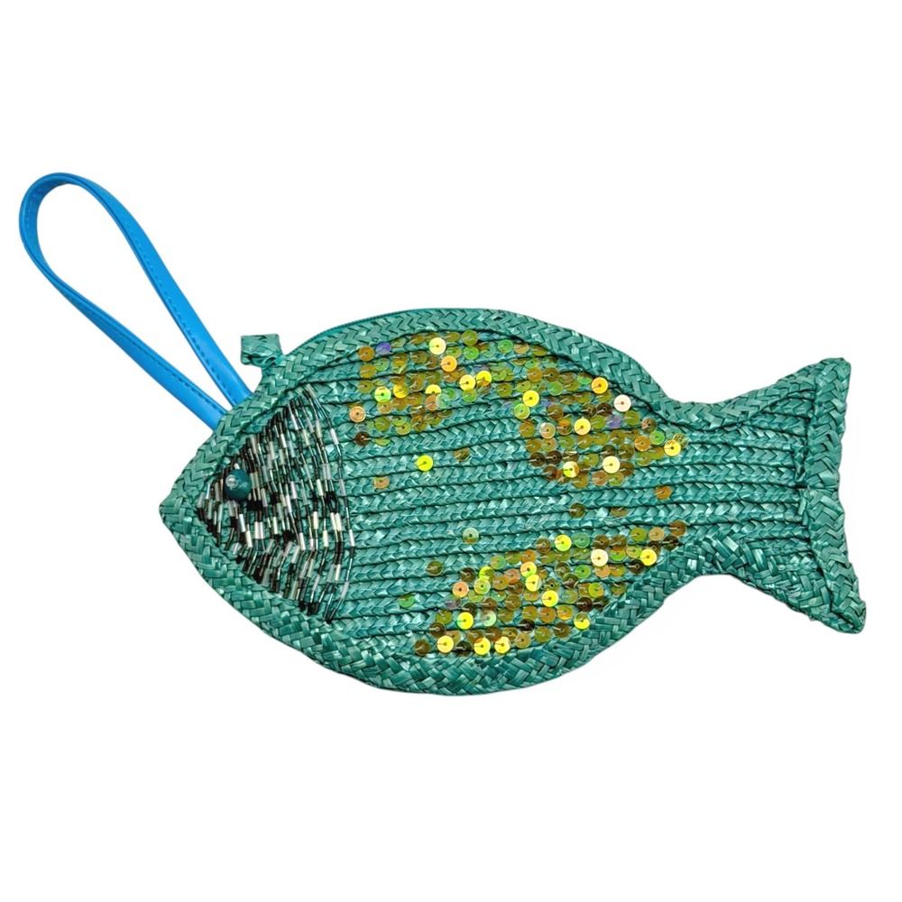 Woven Fish Straw Purse VTG Teal Wristlet Sequin Beaded Nautical Retro Summer